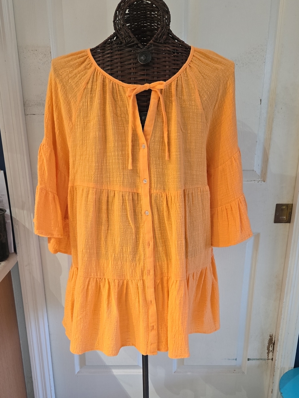 Cato Orange Tiered Peasant Button-Front Tunic-Size L